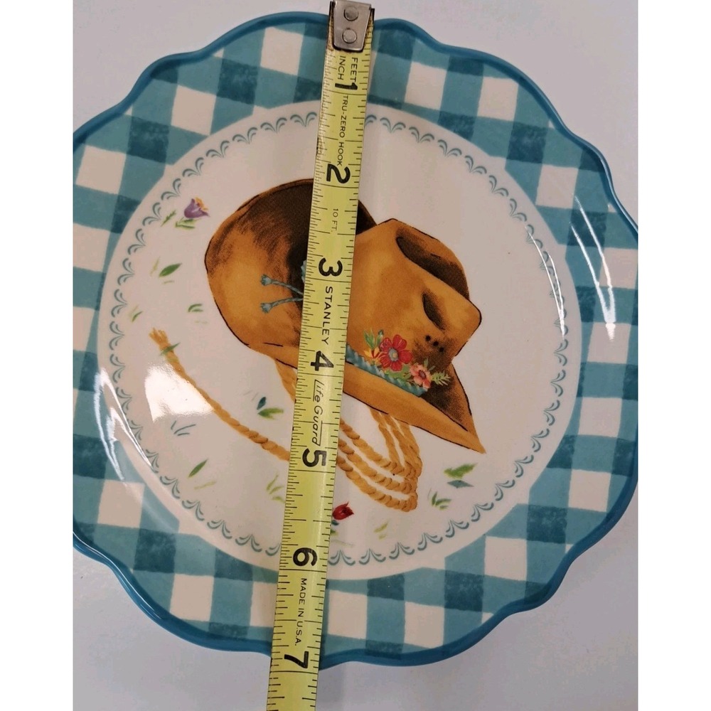 Pioneer‎ Woman Appetizer Plate Gingham Cowboy Hat  Dessert Dish 7" Western New - Picture 5 of 5
